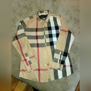 Mens Burberry Style Beige Plaid Shirt Large Slim Fit